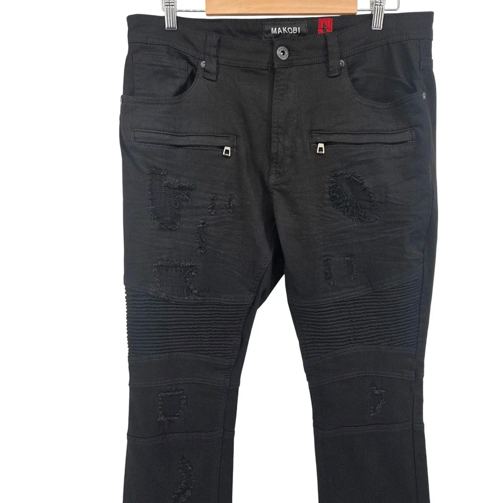Makobi Biker Moto Jeans Mens 38x34 Black Distressed Slim‎ Streetwear Zip Pockets